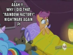 Size: 384x288 | Tagged: safe, rainbow dash, scootaloo, fanfic:rainbow factory, g4, bed, engrish, grammar error, hub logo, image macro, nightmare, scared, teddy bear