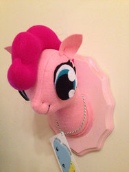 Size: 570x760 | Tagged: safe, artist:misfitmenagerie, pinkie pie, g4, craft, irl, mounted head, photo, plushie, solo, trophy