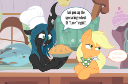 Size: 1224x806 | Tagged: safe, artist:deannaca, artist:joey darkmeat, applejack, queen chrysalis, changeling, changeling queen, earth pony, pony, g4, baking, bandana, chef's hat, cooking, dialogue, female, hat, hatless, kitchen, missing accessory, pie, pun