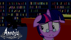 Size: 1191x670 | Tagged: safe, artist:navitaserussirus, twilight sparkle, pig pony, g4, alternate hairstyle, amnesia: a machine for pigs, clothes, crossdressing, crossover, darkness, glasses, hiding, library, mandus, scared, solo