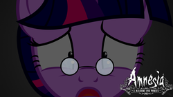 Size: 1191x670 | Tagged: safe, artist:navitaserussirus, twilight sparkle, g4, alternate hairstyle, amnesia: a machine for pigs, crossdressing, crossover, darkness, glasses, mandus, scared, solo