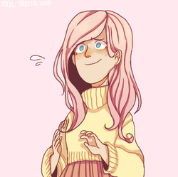 Size: 356x354 | Tagged: safe, artist:nyan-cow, fluttershy, human, g4, clothes, female, humanized, redraw, solo, sweat, sweater, sweatershy