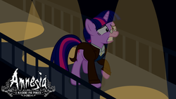 Size: 1191x670 | Tagged: safe, artist:navitaserussirus, twilight sparkle, g4, alternate hairstyle, amnesia: a machine for pigs, clothes, crossdressing, crossover, female, glasses, light, mandus, mare, scared, solo, spotlight