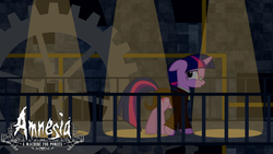 Size: 1191x670 | Tagged: safe, artist:navitaserussirus, twilight sparkle, g4, alternate hairstyle, amnesia: a machine for pigs, bridge, clothes, crossdressing, crossover, engine, female, gears, glasses, light, looking back, machine, mandus, mare, scared, solo, spotlight