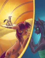 Size: 2975x3850 | Tagged: safe, artist:pixel-prism, star swirl the bearded, twilight sparkle, changeling, changeling queen, fanfic:a stitch in time, fanfic:hard reset, g4, against wall, big crown thingy, blood, changeling queen twilight, changelingified, duality, fanfic, fanfic art, female, injured, queen twilight, twiling