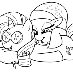 Size: 1000x1000 | Tagged: safe, artist:madmax, rarity, g4, cucumber, licking, massage, monochrome, spa, spa pony