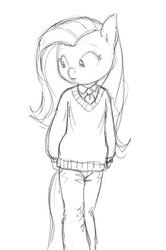 Size: 497x750 | Tagged: safe, artist:carnifex, fluttershy, anthro, g4, clothes, female, monochrome, sketch, solo, sweater, sweatershy