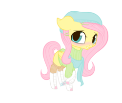 Size: 1500x1266 | Tagged: safe, artist:burbonicecreamfloat, fluttershy, g4, boots, bottomless, clothes, female, filly, hat, partial nudity, scarf, socks, solo, sweater, sweatershy