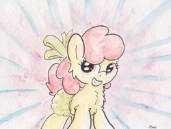 Size: 911x689 | Tagged: safe, artist:slightlyshade, apple bloom, g4, clothes, female, fluffy, grin, skirt, smiling, solo, traditional art