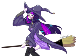 Size: 1280x930 | Tagged: dead source, safe, artist:fatcakes, twilight sparkle, equestria girls, g4, blushing, broom, clothes, dress, female, flying, flying broomstick, hat, lidded eyes, looking back, one eye closed, open mouth, simple background, smiling, socks, solo, thigh highs, thigh socks, transparent background, witch, witch hat