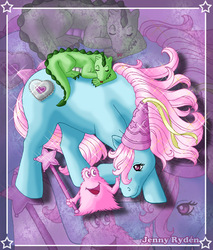 Size: 600x705 | Tagged: safe, artist:lazyjenny, cheery (g1), prickles, princess serena, bushwoolie, dragon, g1, hat, wand