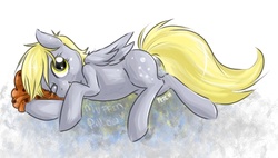 Size: 943x535 | Tagged: safe, artist:cnat, derpy hooves, pegasus, pony, g4, female, lying down, mare, muffin, on side, pillow, solo