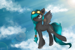 Size: 1024x692 | Tagged: safe, artist:astralispl, oc, oc only, pegasus, pony, braid, cloud, cloudy, crepuscular rays, cute, fluffy, goggles, lens flare, raised leg, solo, spread wings