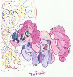 Size: 1571x1666 | Tagged: dead source, safe, artist:enigmaticfrustration, pinkie pie, twilight sparkle, earth pony, pony, unicorn, g4, female, lesbian, ship:twinkie, shipping, traditional art, unicorn twilight