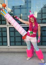 Size: 1436x2048 | Tagged: artist needed, safe, pinkie pie, human, g4, anime expo, cosplay, hat, irl, irl human, leg warmers, partillery, party cannon, party hat, photo, solo