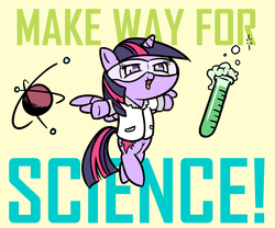 Size: 3000x2500 | Tagged: safe, artist:doggonepony, twilight sparkle, pony, g4, atom, bipedal, chibi, clothes, cute, female, lab coat, open mouth, safety goggles, science, simple background, solo, test tube, text, that pony sure does love science, twiabetes, twilight sparkle (alicorn)