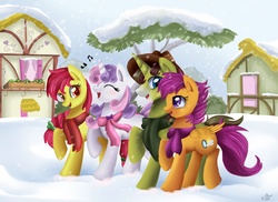 Size: 4885x3550 | Tagged: safe, artist:pridark, apple bloom, scootaloo, sweetie belle, oc, g4, clothes, cutie mark crusaders, older, scarf, winter