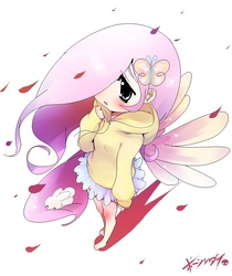 Size: 784x934 | Tagged: safe, artist:born-to-die, angel bunny, fluttershy, human, g4, blushing, clothes, female, hoodie, humanized, solo, sweater, sweatershy