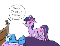 Size: 792x612 | Tagged: safe, artist:bico-kun, trixie, twilight sparkle, alicorn, bird, pony, g4, bed, crying, drugs, female, mare, poopsy, rest in peace, sad, sleeping, stoned trixie, twilight sparkle (alicorn)
