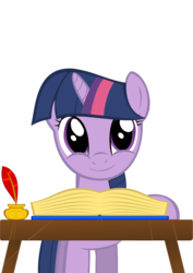 Size: 744x1052 | Tagged: safe, artist:thetidbit, twilight sparkle, pony, unicorn, g4, book, desk, female, inkwell, mare, pen, solo, unicorn twilight