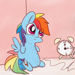 Size: 3000x3000 | Tagged: dead source, safe, artist:tkc, rainbow dash, g4, chibi, clock, female, needle, plushie, sitting, solo, thead