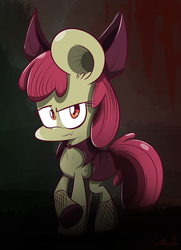 Size: 1011x1400 | Tagged: safe, artist:slitherpon, apple bloom, vampire, g4, cape, clothes, fangs, female, fishnet stockings, solo