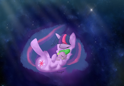 Size: 2946x2034 | Tagged: safe, artist:arrowshot, spike, twilight sparkle, g4, hug, sleeping, spikelove