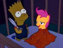 Size: 256x197 | Tagged: safe, scootaloo, g4, bart simpson, chickun, exploitable meme, lisa's first word, male, meme, scissors, the simpsons