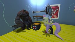 Size: 1366x768 | Tagged: safe, fluttershy, g4, 3d, borderlands 2, fluttermedic, gmod, left 4 dead, soup, tank (zombie), team fortress 2