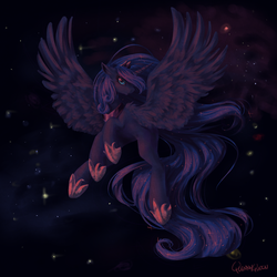 Size: 3000x3000 | Tagged: safe, artist:quennyqueen, princess luna, alicorn, pony, g4, crown, ethereal mane, female, flying, hoof shoes, jewelry, looking at you, mare, regalia, signature, solo, space, spread wings, starry mane, wings
