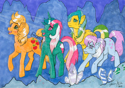 Size: 998x700 | Tagged: dead source, safe, artist:jo-san, applejack (g1), fizzy, masquerade (g1), sweet stuff, twinkle eyed pony, comic:applejack's amazing adventure, g1, cave, crystal, scene interpretation, traditional art