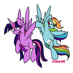 Size: 500x500 | Tagged: safe, rainbow dash, twilight sparkle, alicorn, pony, g4, female, flying, hoofbump, lesbian, mare, ship:twidash, shipping, tumblr, twilight sparkle (alicorn)