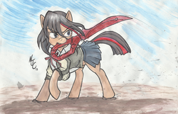 Size: 2133x1377 | Tagged: safe, artist:godsonvacation, pony, clothes, dirt, jacket, kill la kill, mouth hold, ponified, raised hoof, ryuko matoi, scissors, skirt, solo, sword, traditional art, varsity jacket, weapon