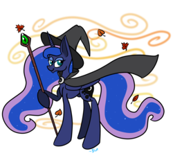 Size: 1700x1636 | Tagged: safe, artist:winter-hooves, princess luna, g4, cape, clothes, female, halloween, hat, nightmare night, solo, staff, wizard hat