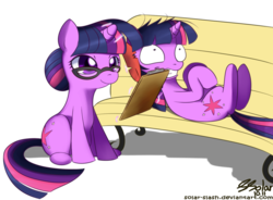 Size: 1100x808 | Tagged: safe, artist:solar-slash, twilight sparkle, g4, bench, clipboard, duality, female, glasses, self ponidox, solo, therapy, twilight snapple