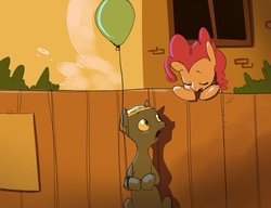 Size: 1024x788 | Tagged: safe, artist:swomswom, pinkie pie, oc, g4, balloon, feels, fence, remake, scene interpretation