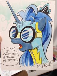 Size: 768x1024 | Tagged: safe, artist:andy price, princess luna, g4, female, goggles, solo, traditional art, wonderbolts uniform