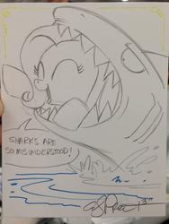 Size: 769x1024 | Tagged: safe, artist:andy price, fluttershy, pegasus, pony, shark, g4, animal, carnivore, cute, eaten alive, eyes closed, female, flutterprey, glare, mare, open mouth, partial color, predation, shyabetes, smiling, traditional art, vore, wat, water