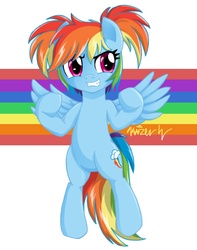 Size: 648x824 | Tagged: dead source, safe, artist:kaizenwerx, rainbow dash, pegasus, pony, g4, abstract background, alternate hairstyle, bipedal, cute, dashabetes, female, mare, pigtails, signature, solo