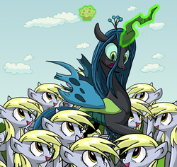 Size: 640x605 | Tagged: safe, artist:xkappax, edit, derpy hooves, queen chrysalis, changeling, changeling queen, pegasus, pony, g4, derpies, derpocalypse, female, magic, mare, muffin, multeity, telekinesis, that pony sure does love muffins, unstoppable force of derp