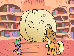 Size: 800x600 | Tagged: safe, artist:wryte, applejack, spike, g4, cheese, cheese wheel, in-joke, library, request