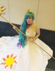 Size: 692x897 | Tagged: safe, artist:mintyblitzz, princess celestia, human, g4, anime boston, cleavage, cosplay, female, irl, irl human, photo, solo, staff