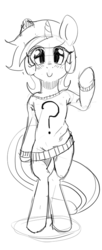 Size: 331x810 | Tagged: safe, artist:mewball, lyra heartstrings, pony, g4, bipedal, clothes, female, grayscale, monochrome, shirt, solo, sweater