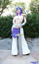 Size: 1265x2048 | Tagged: safe, artist:blakstarr, rarity, human, g4, anime los angeles, belly button, belly piercing, bellyring, cosplay, irl, irl human, photo, piercing, solo, sword, weapon