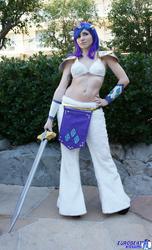 Size: 1243x2048 | Tagged: safe, artist:blakstarr, rarity, human, g4, anime los angeles, belly button, belly piercing, bellyring, cosplay, irl, irl human, photo, piercing, solo, sword, weapon