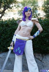Size: 1403x2048 | Tagged: safe, artist:blakstarr, rarity, human, g4, anime los angeles, belly button, belly piercing, bellyring, cosplay, irl, irl human, photo, piercing, solo, sword, weapon