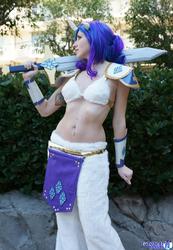 Size: 1417x2048 | Tagged: safe, artist:blakstarr, artist:flyingoctophant, rarity, human, g4, anime los angeles, belly button, belly piercing, bellyring, cosplay, irl, irl human, photo, piercing, solo, sword, weapon
