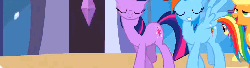 Size: 808x222 | Tagged: safe, screencap, apple bloom, applejack, rainbow dash, scootaloo, sweetie belle, twilight sparkle, earth pony, pegasus, pony, unicorn, g4, hearth's warming eve (episode), animated, cropped, cutie mark crusaders, female, filly, hearth's warming eve, mare, running, walking, wink