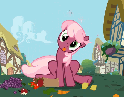 Size: 574x452 | Tagged: safe, screencap, cheerilee, earth pony, pony, g4, secret of my excess, animated, apple, carrot, circling stars, dizzy, female, food, lemon, mare, solo, tongue out