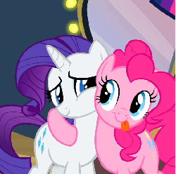 Size: 543x540 | Tagged: safe, screencap, pinkie pie, rarity, earth pony, pony, unicorn, g4, hearth's warming eve (episode), animated, cute, daaaaaaaaaaaw, diapinkes, female, grin, happy, hearth's warming eve, hnnng, hug, imma snuggle you, raribetes, smiling, tongue out